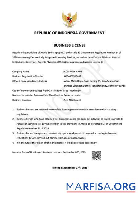 Realistic Indonesia business license Word and PDF template